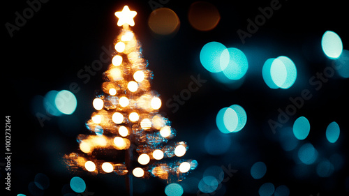 Efecto bokeh de un árbol de Navidad hecho con bombillas, con el foco en una bombilla con detalles nítidos sobre un fondo desenfocado lleno de luces borrosas. 