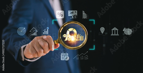 Fund accounting investment concept. Businessman use magnifying glass on mutual fund icon on screen. Equity capital value risk management. Pension return plan in stock market, private money financial