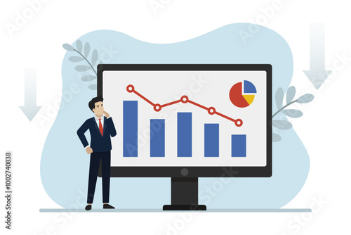 Graph of fall or economic crisis. Confused businessman looking at decreasing graph on computer screen. Business vector illustration.