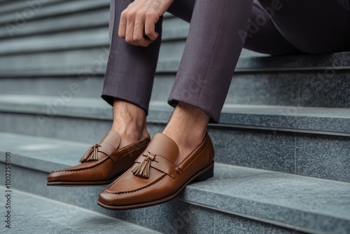 This hipster man is wearing fashion shoes with tassels on an old floor. A stylish men shoes concept.