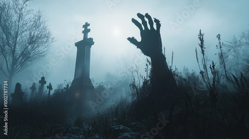 The Awakening Grave: Write about a chilling scene in a foggy graveyard where a zombie hand suddenly bursts through the soil, reaching for freedom. Explore the reactions of onlooker