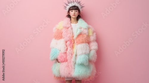 A woman stands confidently against a pink background, wearing a fluffy coat with pastel patches and a striking spiky crown, creating a bold fashion statement.