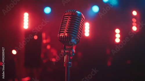 Retro Microphone on Stage with Dramatic Cinematic Background, Vintage Audio Equipment for Concerts, Music Events, and Podcasts