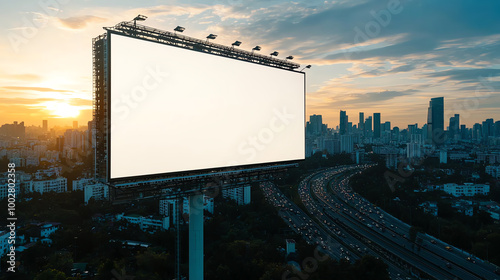 White billboard mockup on a tall city building, busy roads and cityscape stretching out below, white horizontal billboard mockup cityscape, highrise ad space