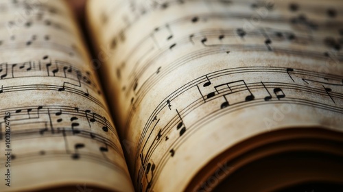 Close-up details of sheet music showcasing intricate notes and rhythms in a blurred background