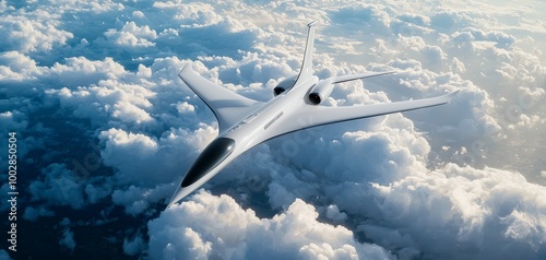 Futuristic jet flying at supersonic speeds, sharp streamlined design against a backdrop of clouds, representing innovation and the future of air travel