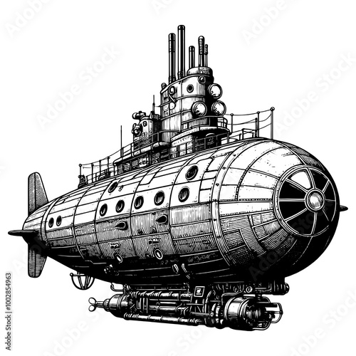 Steam-punk vintage submarine, detailed mechanical features, portholes, and antennas in a retro style sketch engraving generative ai PNG illustration. Scratch board imitation. Black and white image.