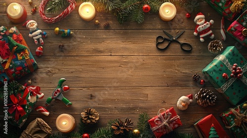 A wooden table in focus, with candles, scissors,toys from Santa's workshop. wrapping the toys with the wrapping paper,Christmas present