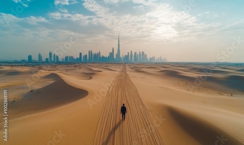 View from above, stunning aerial view of an unidentified person walking on a deserted road covered by sand dunes with the Dubai Skyline in the background. Dubai, United Arab, Generative AI