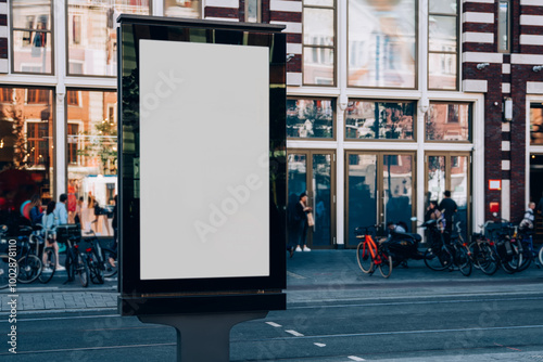 Clear Billboard on city street with blank copy space screen for advertising or promotional poster content, empty mock up Lightbox for information, blank display outdoors in urban area