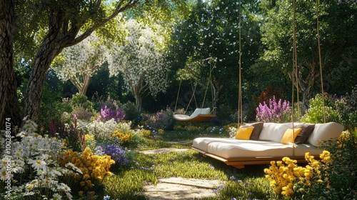 Lush garden with towering trees, a variety of flowers in white, purple, and yellow, and cozy lounge chairs. A swing adds charm to this beautiful outdoor space.