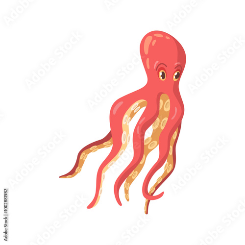 Funny red octopus with tentacles, sea monster flat cartoon vector illustration. Giant nautical monster, seafood fresh cephalopod, nautical organism aquatic cuttlefish