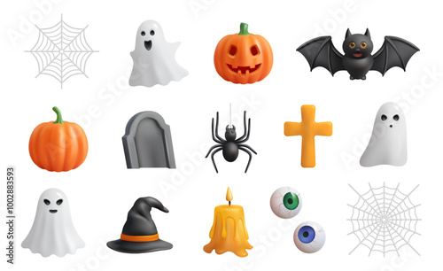 Graveyard tombstone and cross, spider and cobweb, ghost and pumpkin, witch hat and melting wax on candle, cookies eyes. Vector in 3d style, Halloween themed decoration for party or postcard