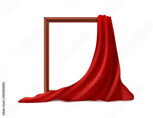 Curtain reveal empty frame or picture, red velvet silk cloth opens hidden object. Vector illustration of revealing secret banner, ceremony art painting revealing, covered surprise