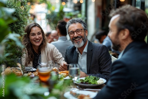 Happy business people having a lunch break outside office, Generative AI