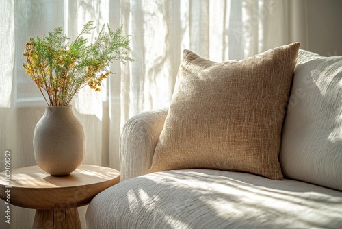 A cozy living room scene featuring a neutral pillow, vase, and natural light filtering through soft curtains.