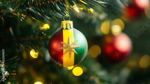 macro shot of a christmas tree decoration with the guinean flag on a glass ball, set against a blurred background, captured in high-resolution with sharp detail, reflecting festive spirit and national