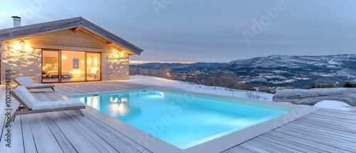 Luxury Chalet Winter Pool Escape: A stunning modern chalet boasts a heated infinity pool overlooking a breathtaking snowy mountain vista. Experience ultimate luxury and tranquility. 