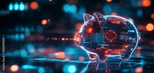 Futuristic digital piggy bank illuminated with colorful effects, dark background.