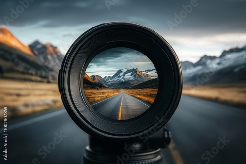 A camera lens revealing a scenic road at twilight, light trails painting the path to distant mountains, representing the fusion of travel and artistic vision