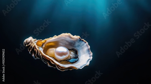 Oyster with pearl in ocean, illuminated, against dark aquatic background.