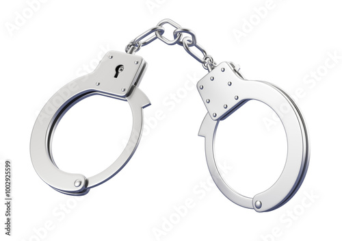 Silver handcuffs connected by a short chain, isolated on a clean white background. 3D rendering