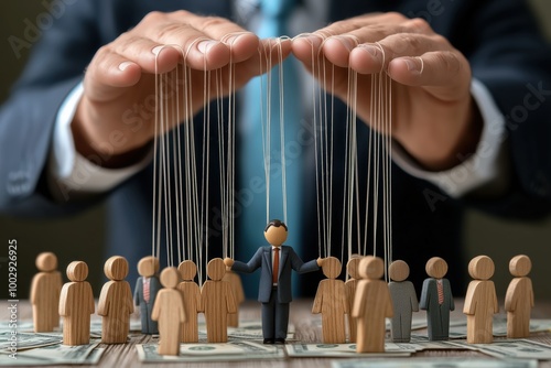 Manipulated Power: A businessman is controlled by unseen forces, symbolized by strings held by hands above, surrounded by many smaller figures on a bed of money.