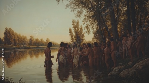 John the Baptist baptizes Jesus in a tranquil river, surrounded by onlookers in a serene landscape