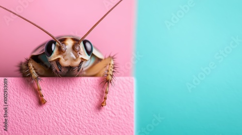 A cockroach peers over the edge of two pastel surfaces in a detailed macro view, showcasing its inquisitive nature and adaptive behaviors in a unique setting.