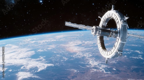 A futuristic space station orbits above Earth with a stunning view of the planet and distant stars in the background.