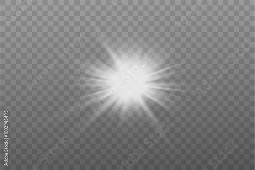  White glowing light explodes on a transparent background. with ray. Transparent shining sun, bright flash. Special lens flare light effect.