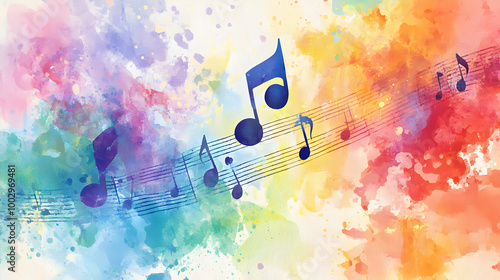 un fondo colorido con pintura de acuarelas de colores para festival o disco de musica con notas musicales y melodias simbolos artisticos y creativos