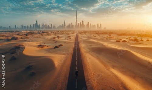 View from above, stunning aerial view of an unidentified person walking on a deserted road covered by sand dunes with the Dubai Skyline in the background. Dubai, United Arab, Generative AI