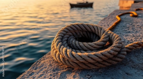 A close up of a coiled rope on a pier at sunset with a distant boat.