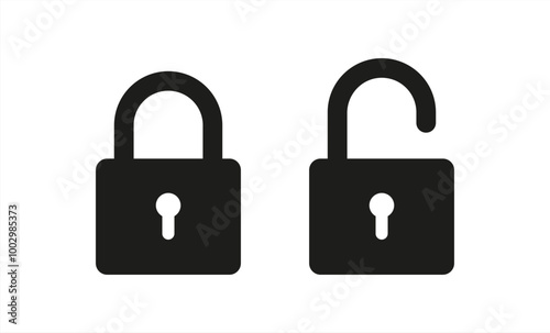 Black isolated icon of locked and unlocked lock on white background. Set of Silhouette of locked and unlocked padlock. Flat vector 10 eps.