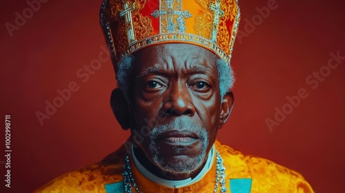 A man with a white beard wears a gold and red ornate headdress