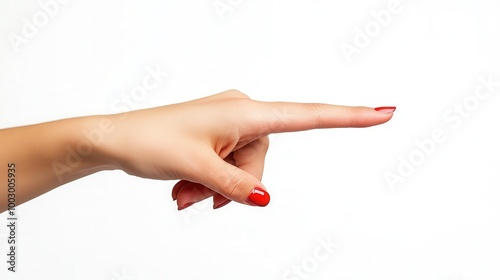 A womans hand with red nail polish pointing to the right