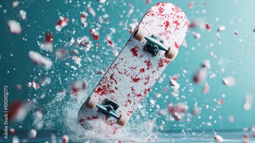 A skateboard dynamically flying through the air, surrounded by red and white debris and dust, creating a sense of adventure and excitement in motion and action.