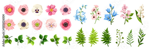 Pink, blue, and white flowers and green leaves and grasses isolated on a white background. Set of vector floral design elements