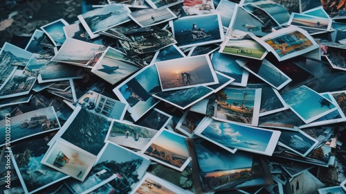 A heap of printed travel photographs strewn on the ground, echoing memories and the wanderlust spirit.