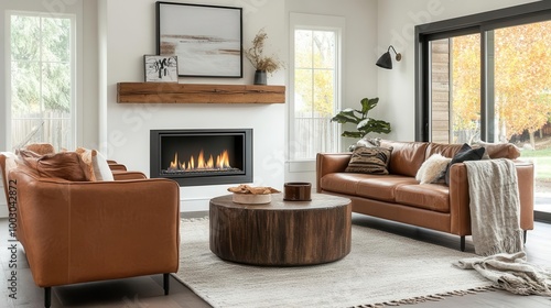 serene modern farmhouse living room with minimalist decor brown leather sofa and armchairs facing sleek gas fireplace rawedge wooden mantel adds rustic touch natural light and neutral tones