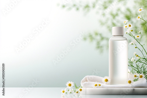 A bottle of lotion is placed on a table next to a white towel and a bunch of daisies. The lotion bottle is clear and has a white cap. The table is made of marble and has a smooth surface