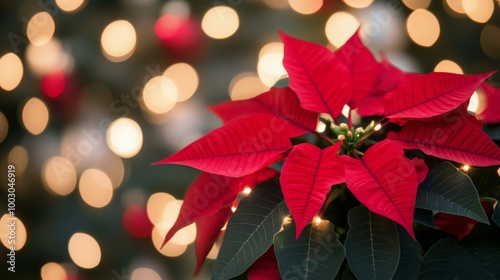 Festive poinsettia blooms near twinkling holiday lights during winter celebration