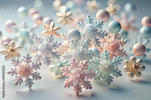 Winter Wonderland: A whimsical scene of delicate snowflakes, shimmering in pastel hues against a dreamy backdrop. A symphony of icy beauty evokes a sense of tranquility and wonder. 