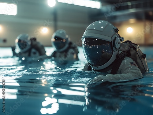 Astronauts train in a pool wearing spacesuits.