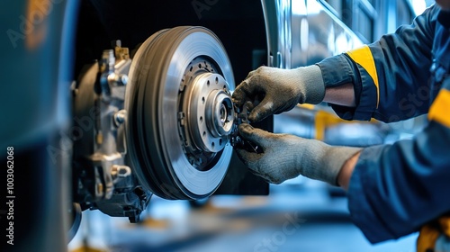 Close-up of mechanic fixing brake disc on car