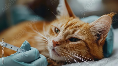 Macro view of a cat receiving a vaccination injection at the back of the neck vibrant colors sharp focus ultra-detailed hyper-realistic photorealistic finish