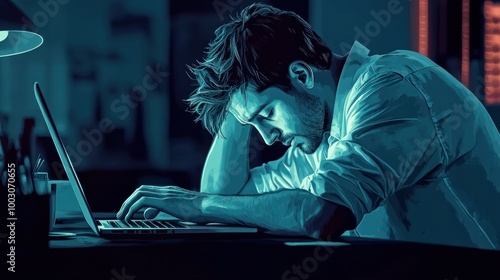 Stressed and exhausted employee working at a laptop in an office, facing challenges and fatigue from a tedious job and looming deadlines