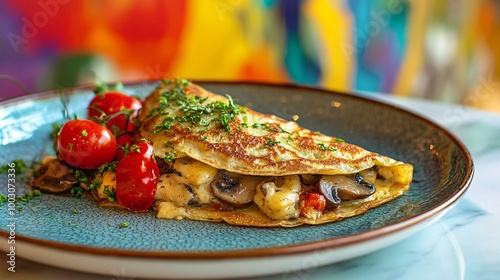 Savory buckwheat crepes with mushrooms and cheese, served on a ceramic plate with a vibrant modern art backdrop