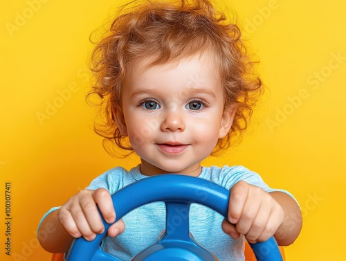 Caucasian toddler holding a toy steering wheel, pretending to drive a car, Isolated on yellow background.